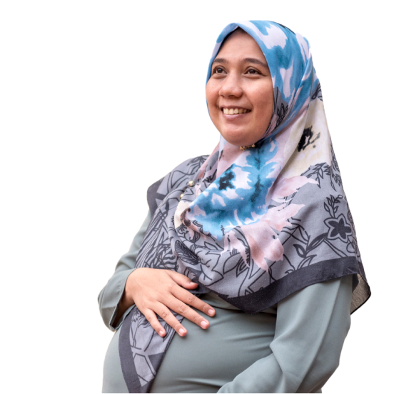 Woman with headscarf holding stomach and smiling
