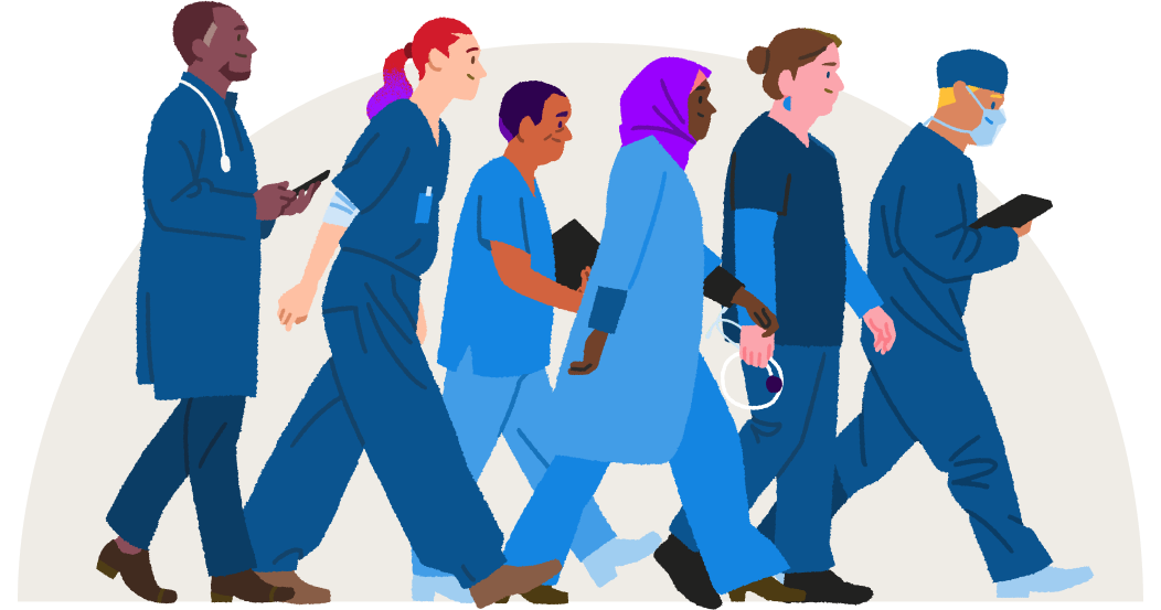 Doctors in different uniforms walking towards an objective as a group